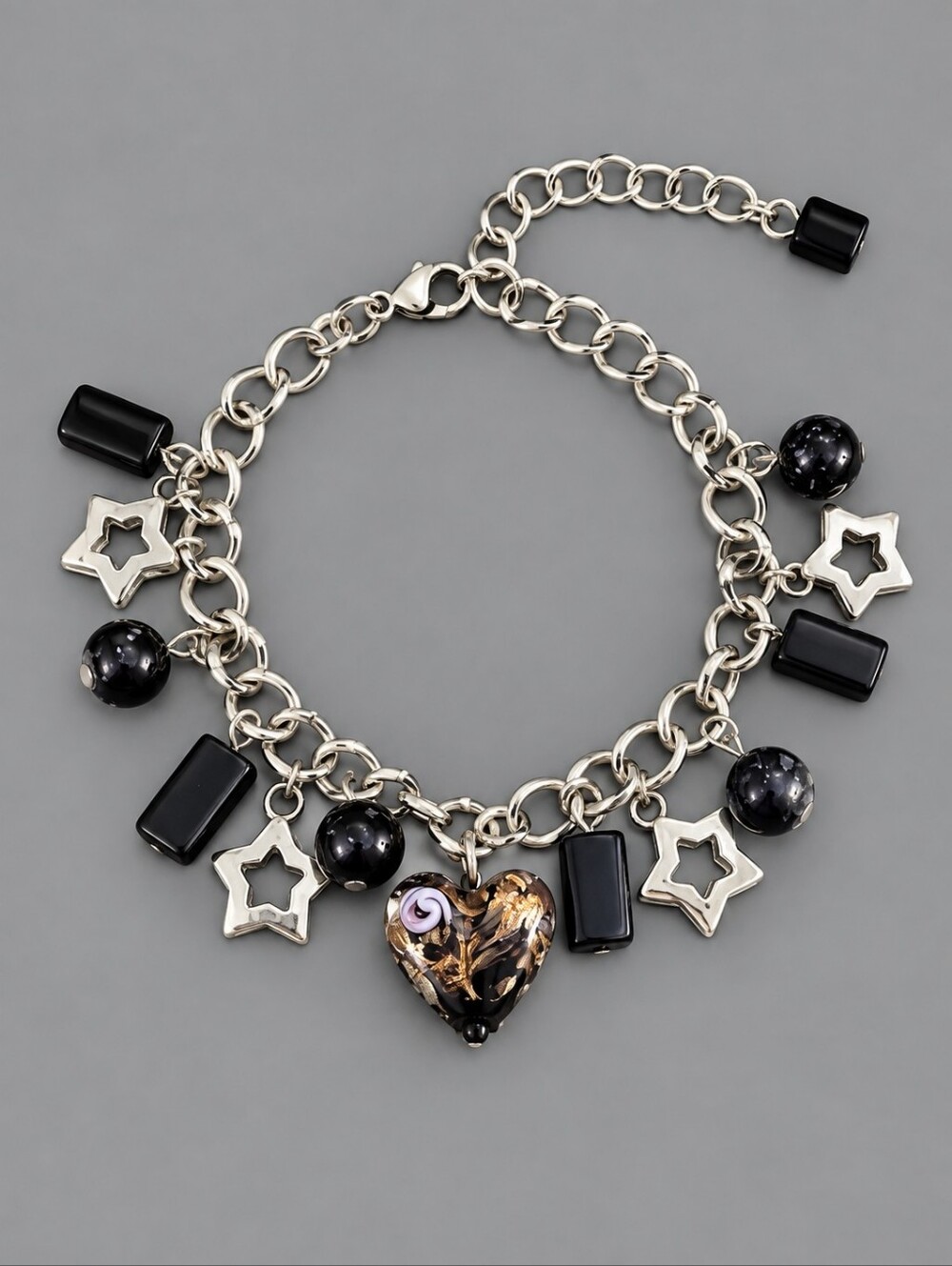 Black Beaded Lampwork Heart Celestial Bauble Charm Chain Bracelet Anklet
